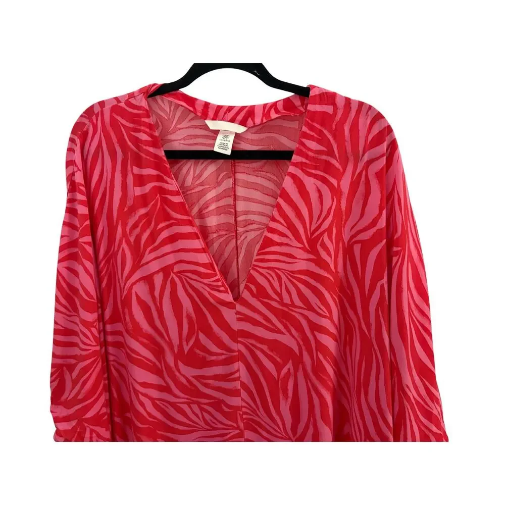 H&M Striped Beach Cover Up Red & Pink V-neck Boho Kaftan M/L 100% Viscose Resort